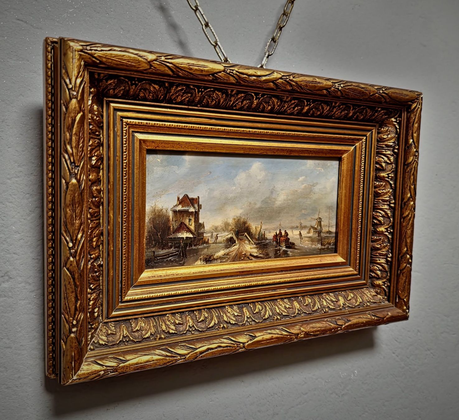 Gemälde: Vintage Winterlandschaft mit Windmühle & Eisläufern, gerahmt – Gebraucht aus Erlinsbach von ZeitlosArt 2