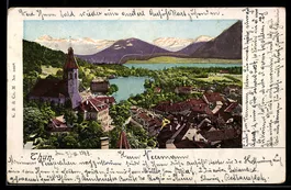 Goldfenster-AK Thun, Panorama mit Kirche und See