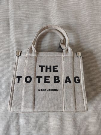 Marc Jacobs The Tote mini handbag purse beige black writing