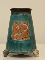 Vase vintage céramique turquoise signé "by Plantey"