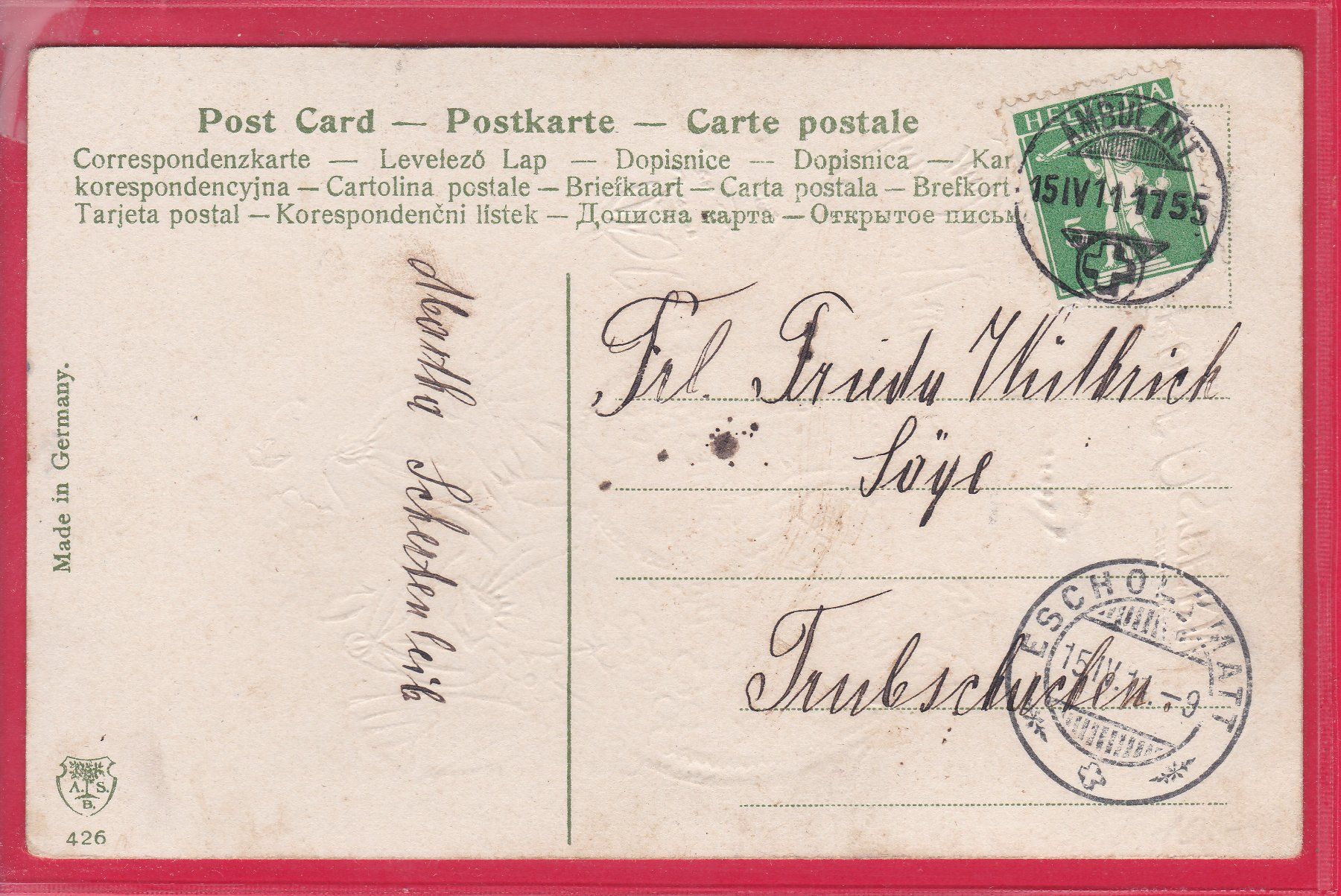 Cartoline postali: FROHE OSTERN, 15.4.1911 – Usato da Oberrieden venduto da Gebirgsstelze 1