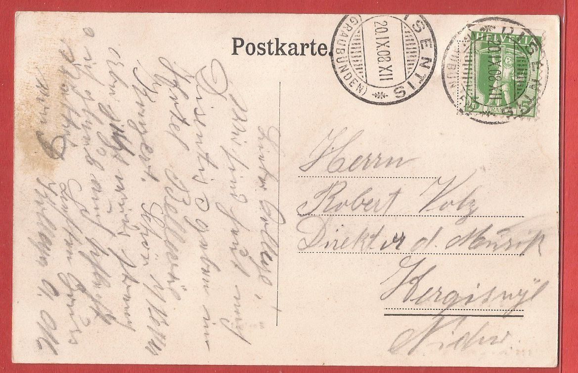 Ansichtskarten: Disentis Sontget - 1908 – Gebraucht aus Fislisbach von Porano 1