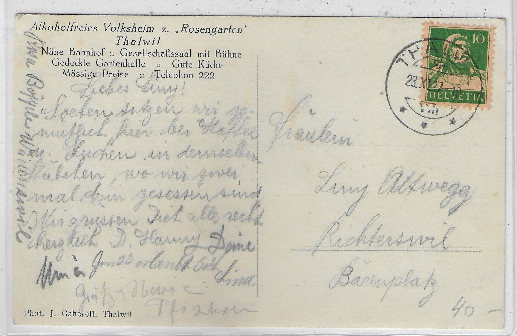 Cartoline postali: Volksheim zum Rosengarten - Thalwil – Usato da Ettingen venduto da Kartenplanet 1