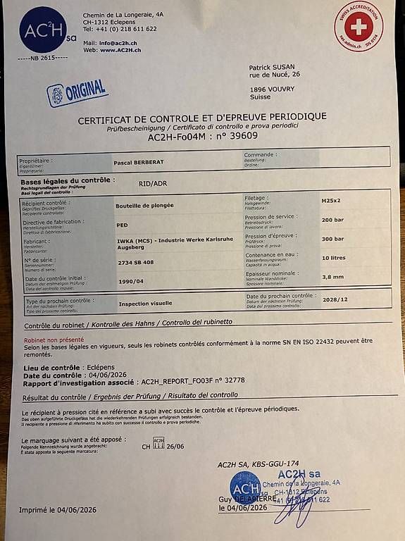 Bombole da sub: Bouteille de Plongée - SCUBAPRO - 10L - révisée 06/26 – Usato da Ollon VD venduto da Pberber 2