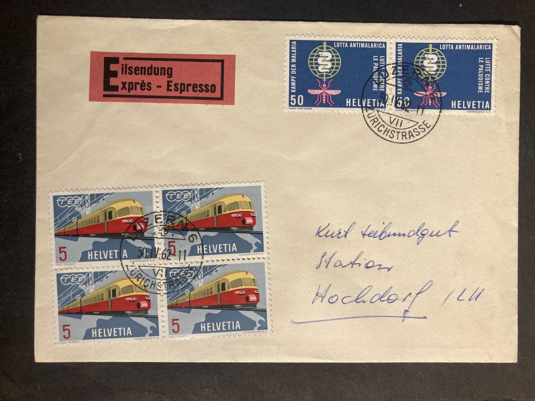 Tutti i francobolli: Schweiz 1962 Eilsendung 4er TEE+2xMalaria Luzern 6 – Usato da Liestal venduto da schnueps