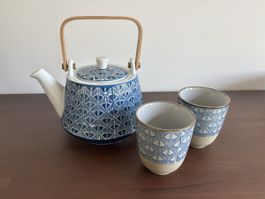 Nature & Découvertes Tea Set: blue ceramic Teapot + 2 cups