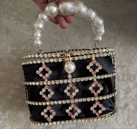 Handbag black with crystals and pearls handle new
