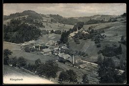 AK Rüegsbach, Ort mit Fabrik und umliegenden Hügeln