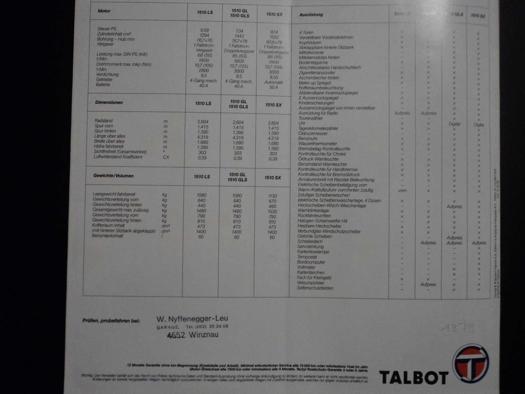 Talbot Documenti: Prospekt Talbot 1510 1979 – Usato da Schwarzenburg venduto da modelCARama 8