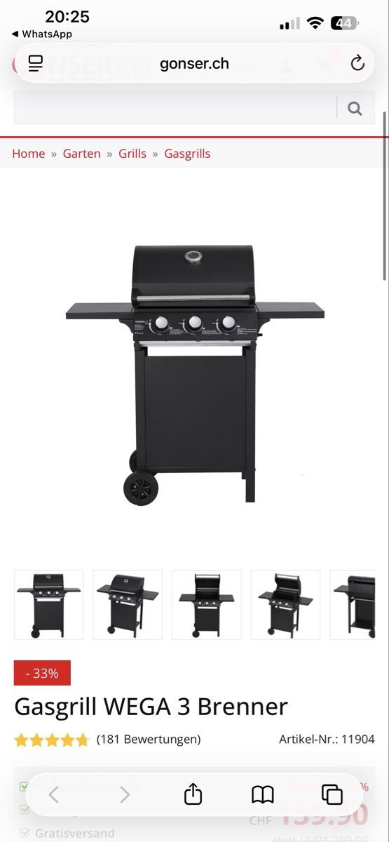 Griglie: Gasgrill WEGA 3 Brenner neuwertig – Nuovo e nell'imballaggio originale da Luzern venduto da Vavoba 1