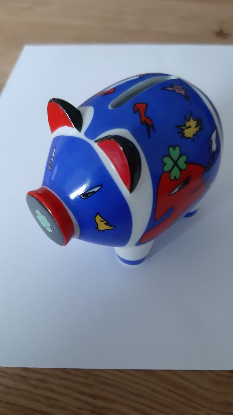 Ritzenhoff Statuette: Ritzenhoff Mini Sparschwein, Design Ambrogio Pozzi, Blau – Usato da St. Gallen venduto da Leika2000
