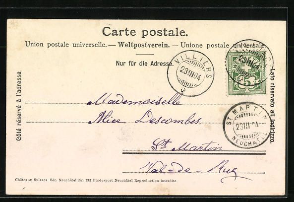 Cartoline postali: AK Motiers, le Chateau, 1904 – Usato da Berlin venduto da bartko-reher 1