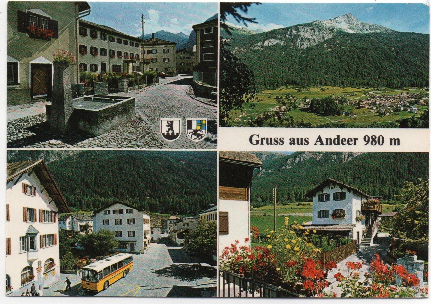 Ansichtskarten: 4-Bild-AK Gruss aus ANDEER Post mit Postauto – Gebraucht aus Jona von philajona