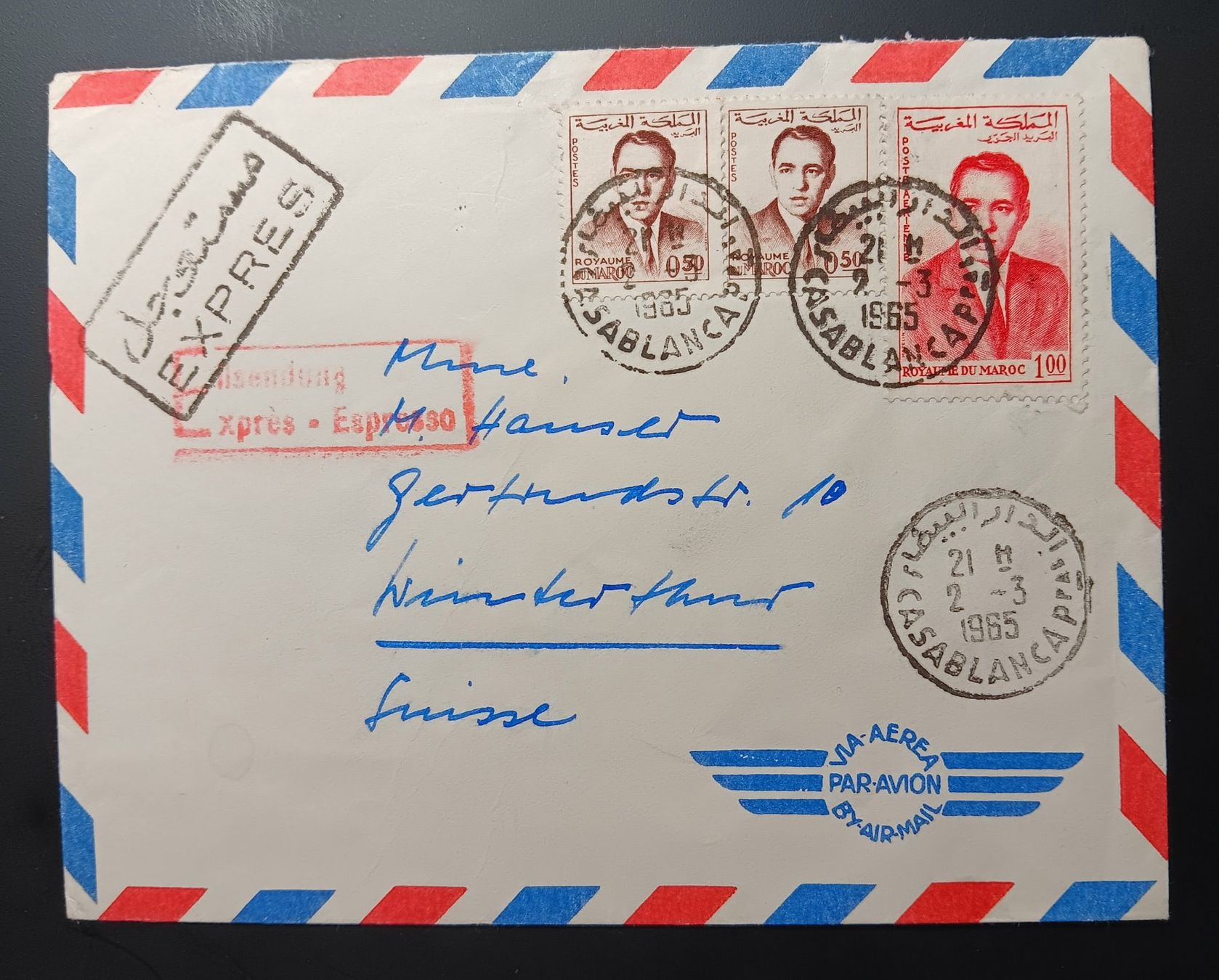 Tutti i francobolli: MAROKKO, EXPRESS BRIEF NACH WINTERTHUR 1965 – Usato da Holderbank AG venduto da DINOS-PHILA