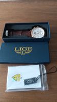 LIGE Herren Uhr Chronograph, Neu mit Box, Lederarmband