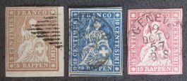 SWITZERLAND 1855–1859: «Strubeli», 3 timbres oblitérés
