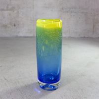 Künstlerische Glasvase, Handgeblasen, Blau & Gelb, Signiert
