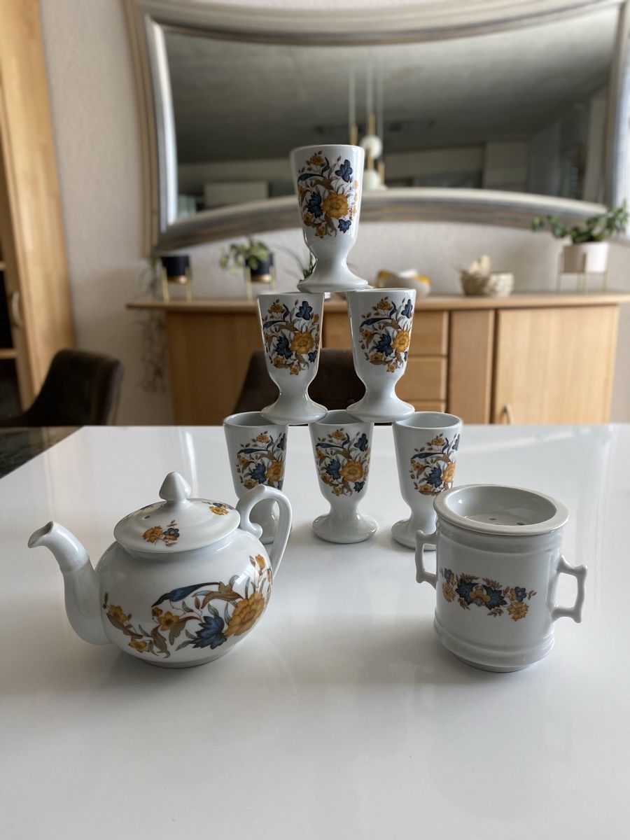 Service à Crèmes En Porcelaine Art Déco PILLIYUIT - 7 Pots + Plateau - Motif Feu