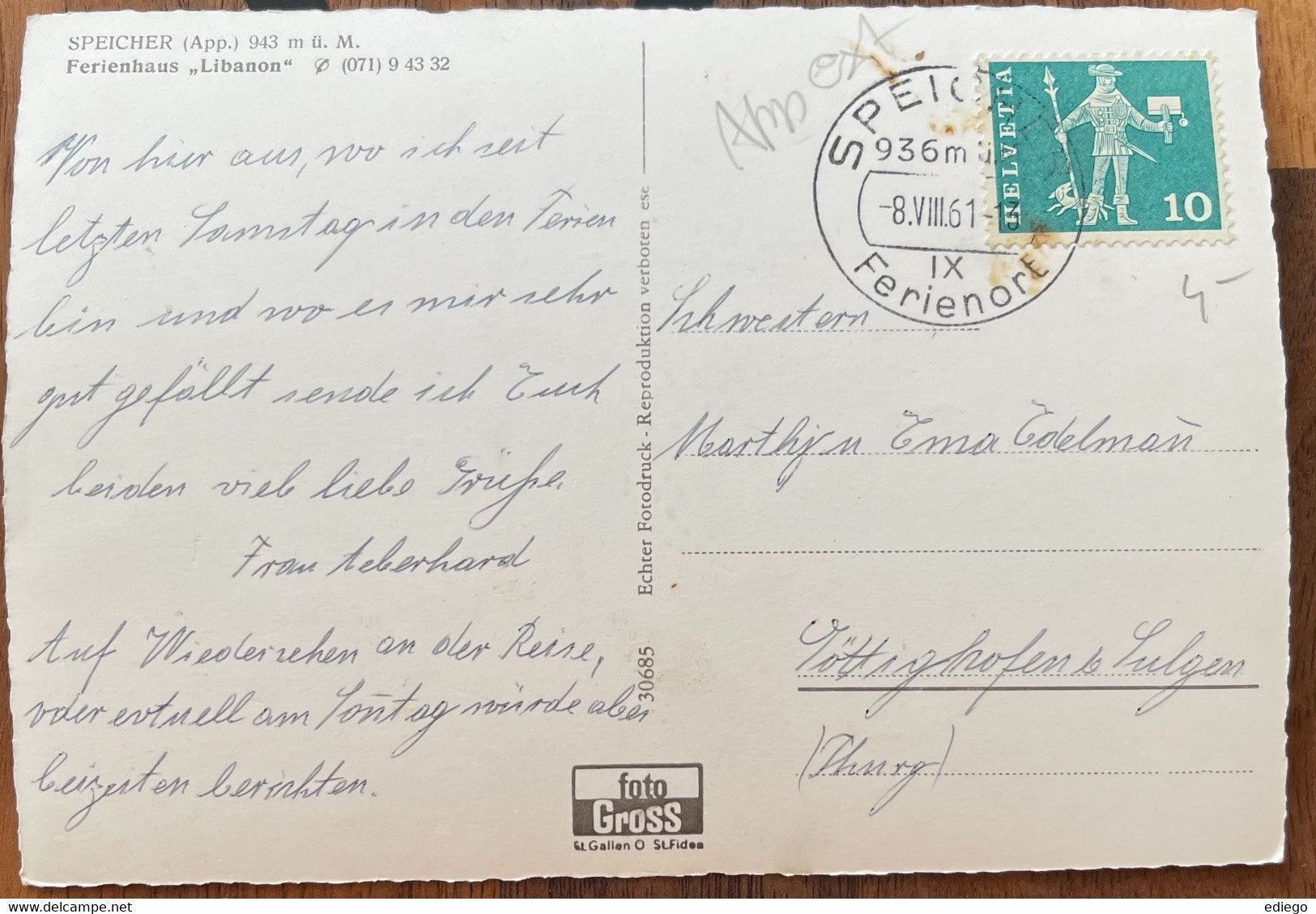 Cartoline postali: SPEICHER - FERIENHAUS " LIBANON" 1961 – Usato da Lutry venduto da Ediego 1