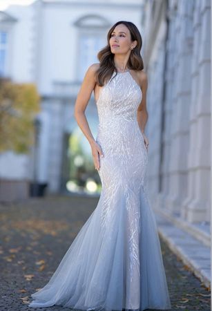 Glamouröses Graublau Nude Neckholder Kleid - Größe 38