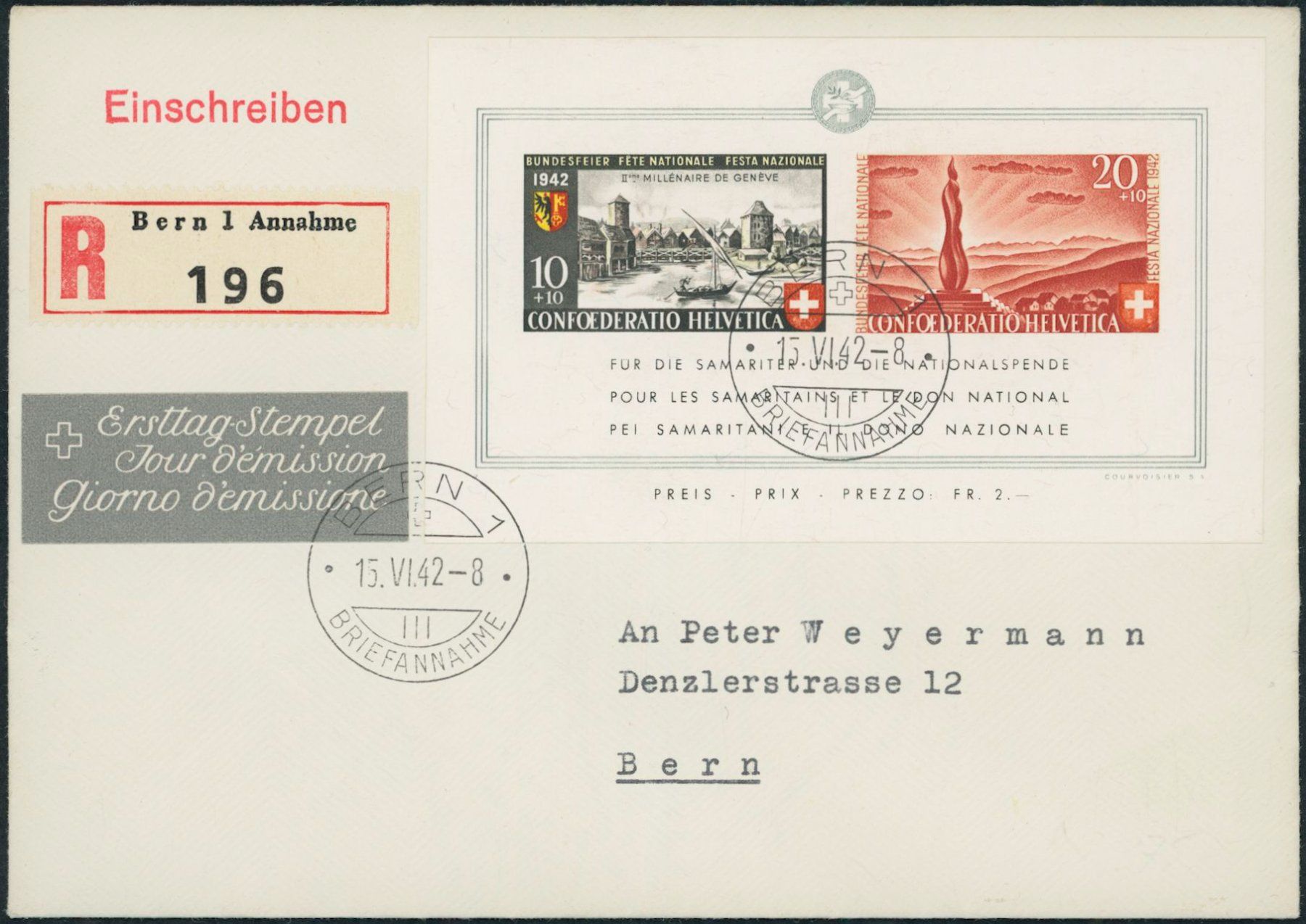 Tutti i francobolli: 1942 - Pro Patria - Block - Ersttagsbrief FDC ET – Usato da Schindellegi venduto da leecollect