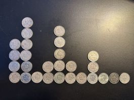 27 Schweizer 50-Rappen-Silbermünzen, Jahrgänge 1920 bis 1964
