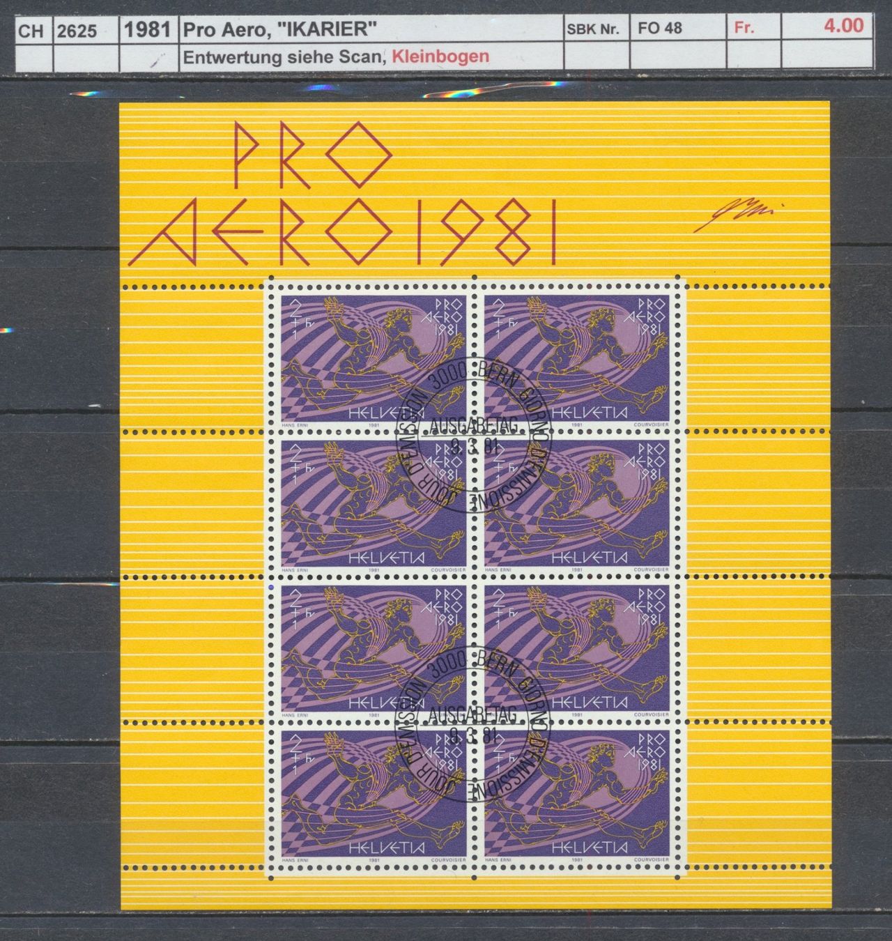 Tutti i francobolli: 1981 Pro Aero, "IKARIER", Kleinbogen, gestempelt – Usato da Winterthur venduto da Zupogeru