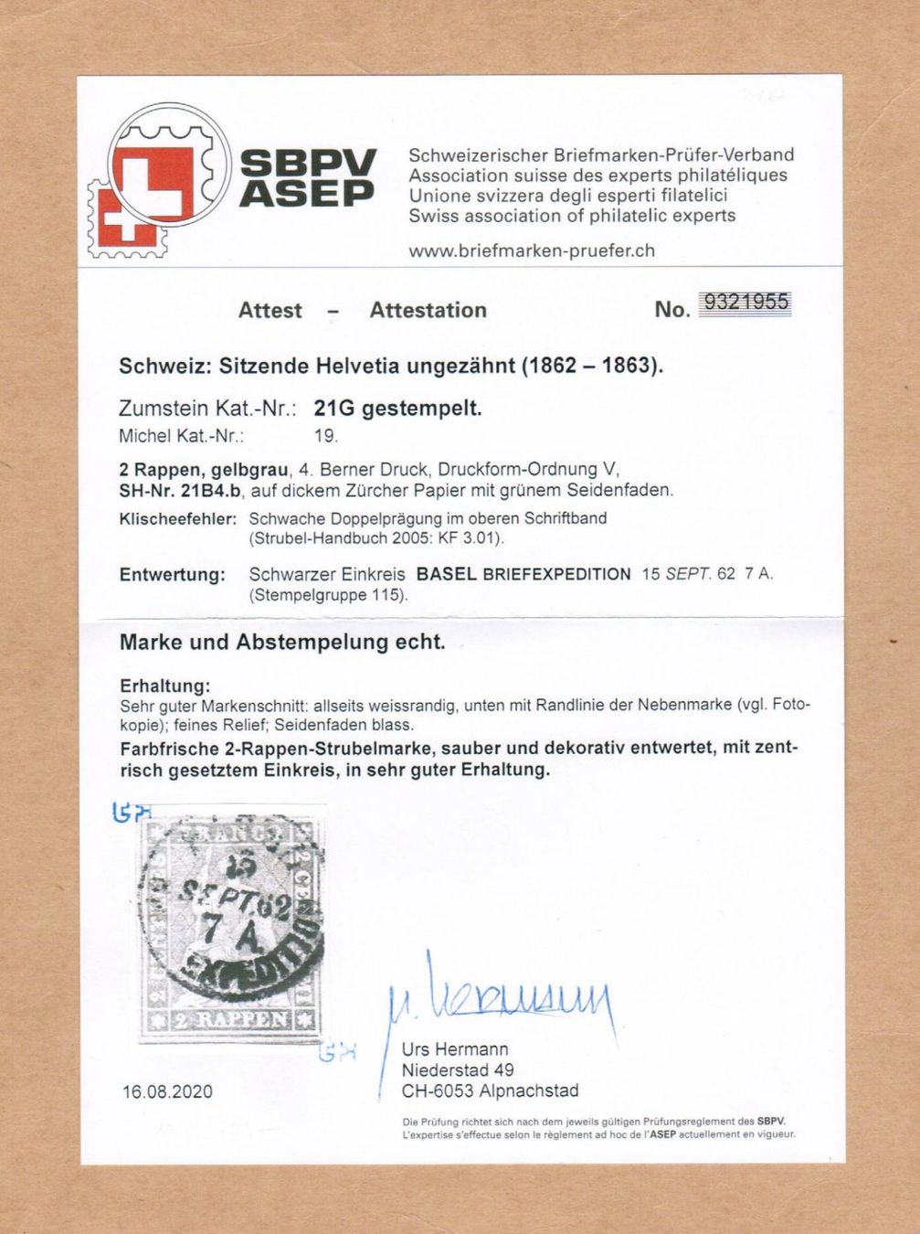 Alle Briefmarken: Strubel Nr.21G - Attest Hermann – Gebraucht aus Bern von peri02 2
