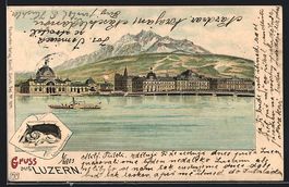 Litho Luzern, Uferpartie mit Dampfer, L
