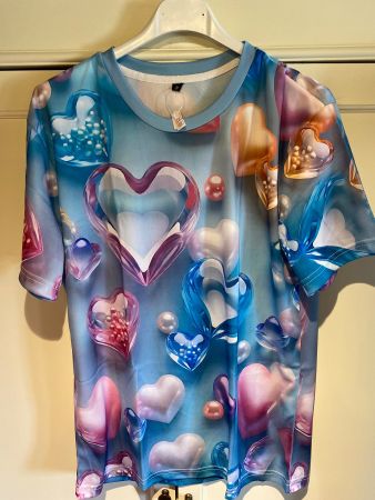 DAMEN SHIRT-KURZARM-3D AUFDRUCK-HERZEN