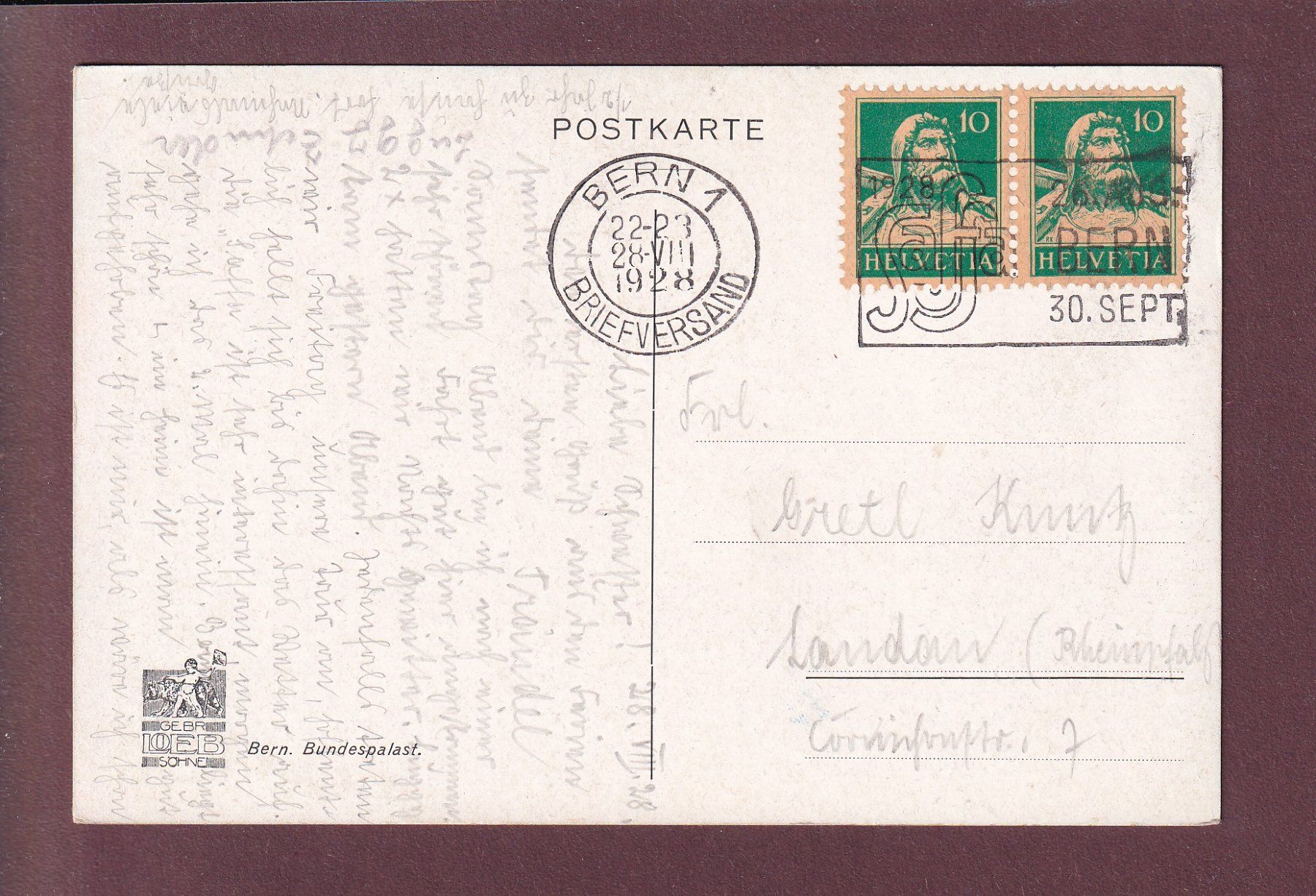 Ansichtskarten: BERN - Bundespalast - 1928 – Gebraucht aus Pully von nicecards 1