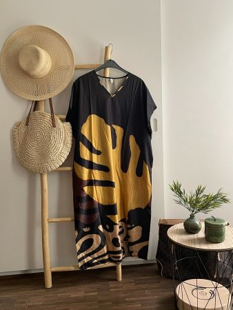 😎🏖️😎Robe caftan noir jaune imprimé "Virabel" L-2XL, Neuf