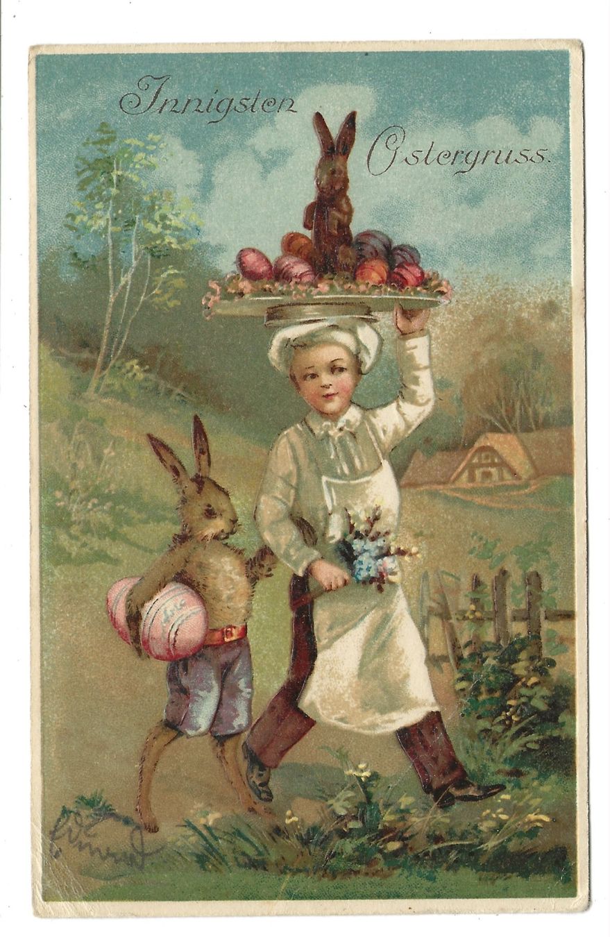 Cartoline postali: Osten - Innigster Gruss - Koch - Hasen - Eier - Präge-Litho – Usato da Engelburg venduto da Cartophil