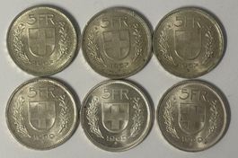 5 Fr. SILBERMÜNZEN SCHWEIZ, 6 STÜCK, Jg. 1967 - 1969, schön