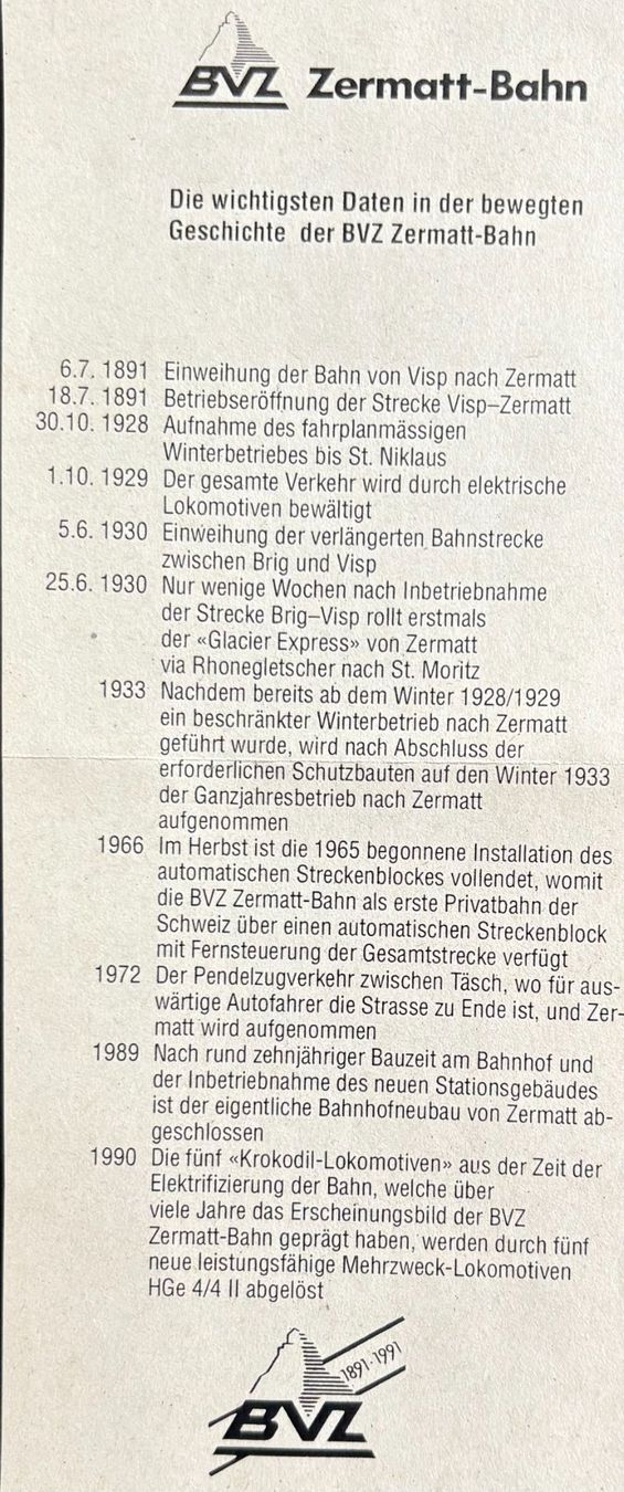 Dokumente: ZERMATT-BAHN 1891-1990 – Gebraucht aus Ostermundigen von wini63