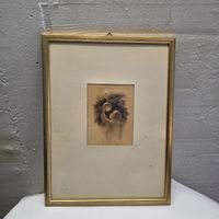 Kind mit Christbaumkugel, 1945 mit Goldrahmen, Handzeichnung