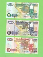 Zambia Banknoten Set, 3 Stk, 20, 50 & 100 Kwacha, Top