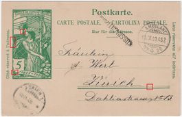 5 Rp. UPU Postkarte mit Balkenstempel von KÜSSNACHT (ZÜRICH)