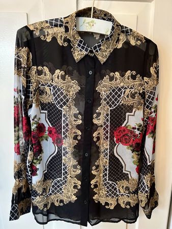 BikBok Chic Blouse, Baroque Print, Size S, Black Gold Red
