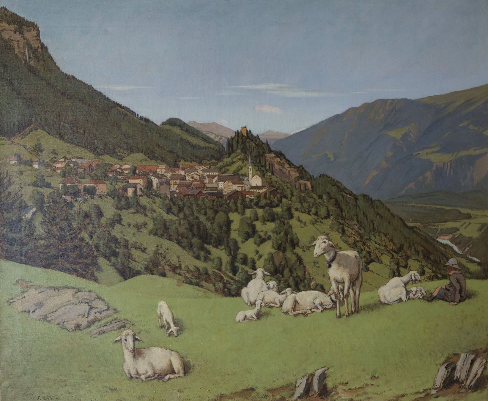 Dipinti: Rudolf Mülli, Schafherde mit Hirtenjunge vor Bergdorf – Usato da Hagenbuch ZH venduto da Consus