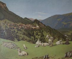 Rudolf Mülli, Schafherde mit Hirtenjunge vor Bergdorf