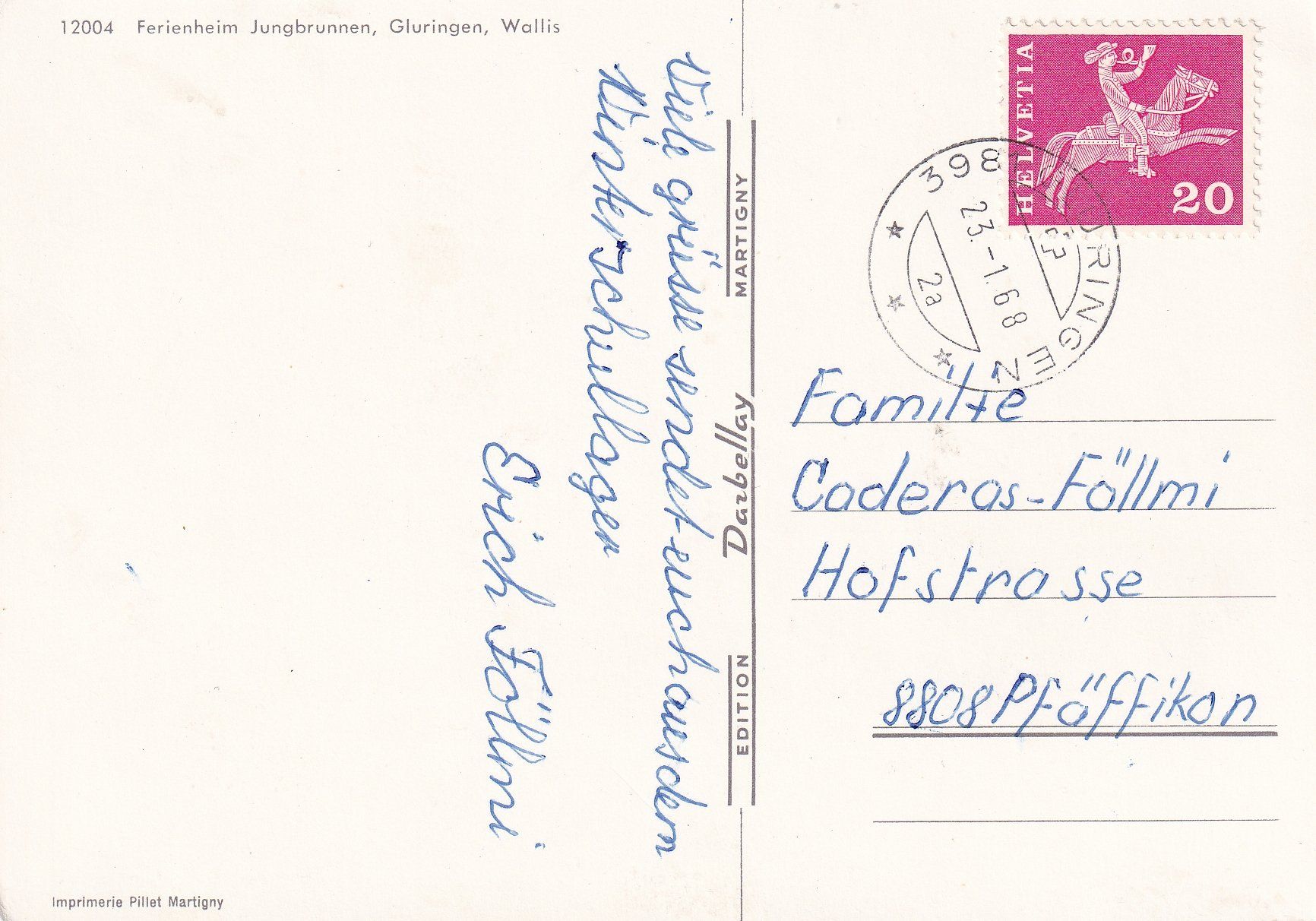 Cartoline postali: Gluringen - Ferienheim Jungbrunnen /ay – Usato da Hombrechtikon venduto da Rudolf07 1