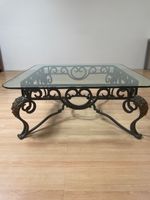 Table basse carrée ferronnerie d'art, plateau verre biseauté