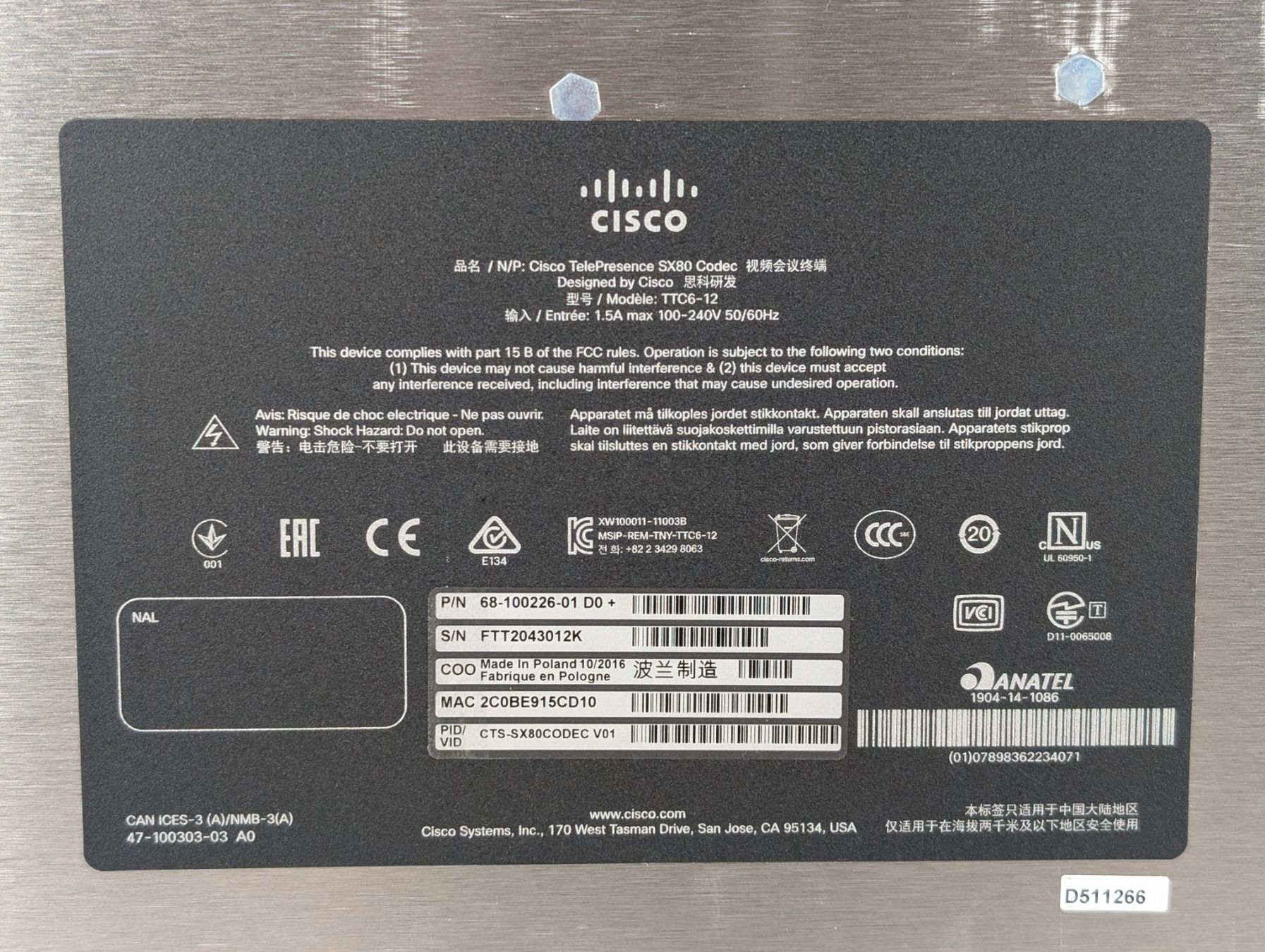 Cisco Webcams: Cisco TelePresence SX80 Codec & Touch 10, getestet ohne Liz. – Gebraucht aus Winterthur von Hint17 7