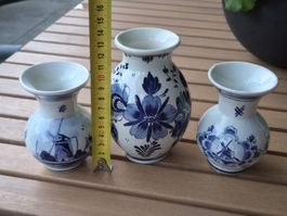 3er Set Delft Blauw Mini-Vasen – Kamingarnitur Handgemalt 