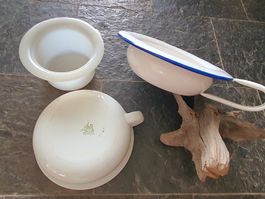 3 antike Bettpfannen: emailliert porzellan und 1 vintage