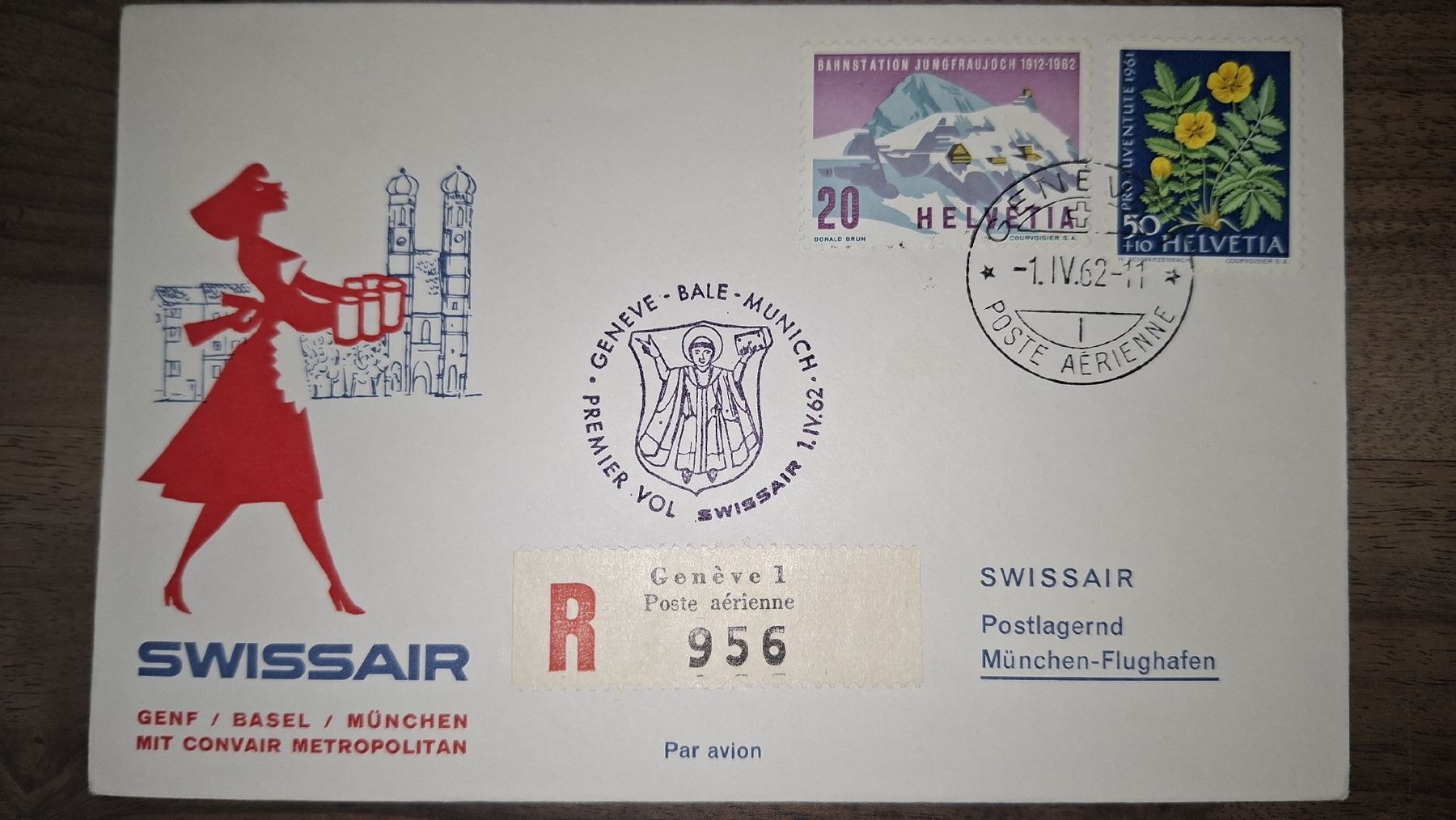 Tutti i francobolli: Swissair Genf - Basel - München 01.06.1962 – Usato da Balgach venduto da SIMEON27
