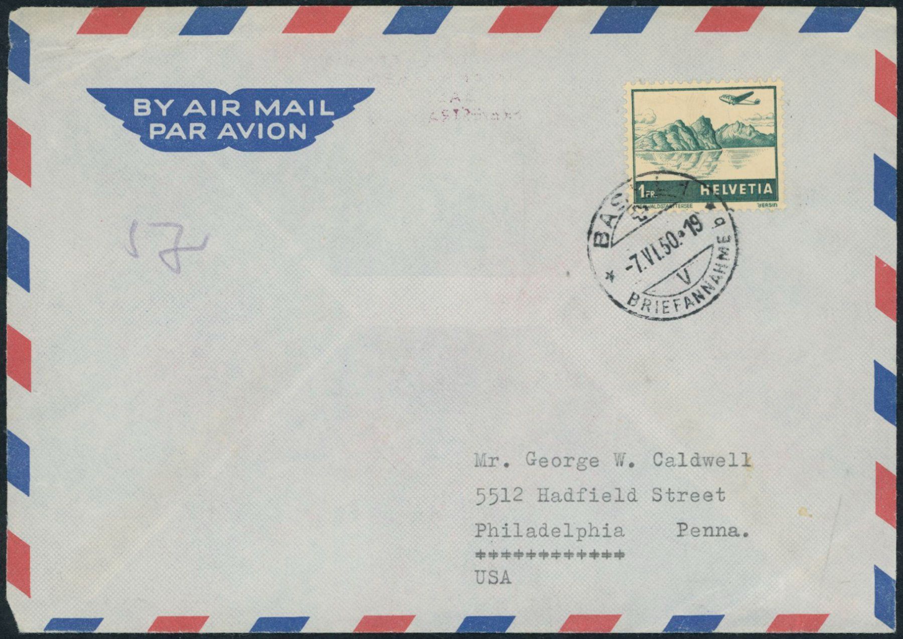 Tutti i francobolli: 1950 - Flugpost - Brief - EF - nach USA – Usato da Schindellegi venduto da leecollect