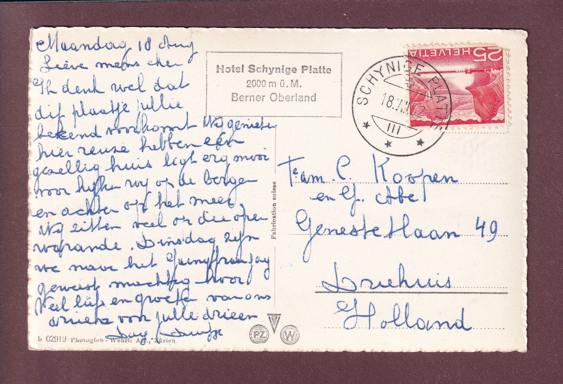 Cartoline postali: Berghaus SCHYNIGE PLATTE - 1952 – Usato da Pully venduto da nicecards 1