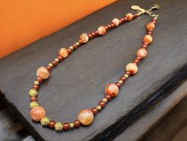 Unikat 💎 Halskette mit Vintage Karneol und vergoldeter Lava